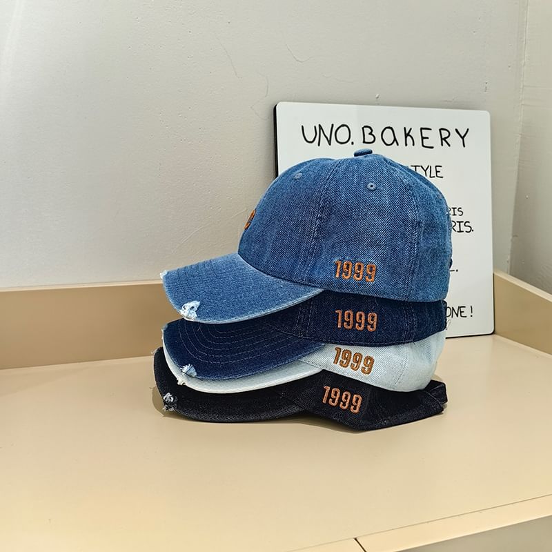 Lettering Baseball Denim Embroidered Distressed Cap
