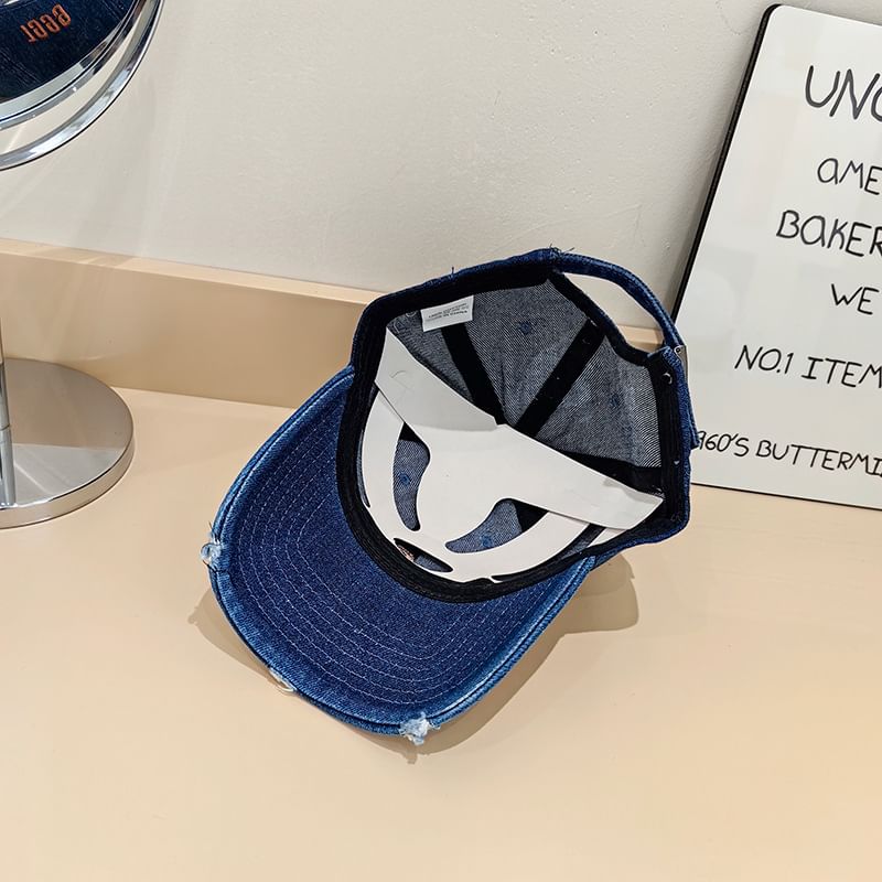 Lettering Baseball Denim Embroidered Distressed Cap