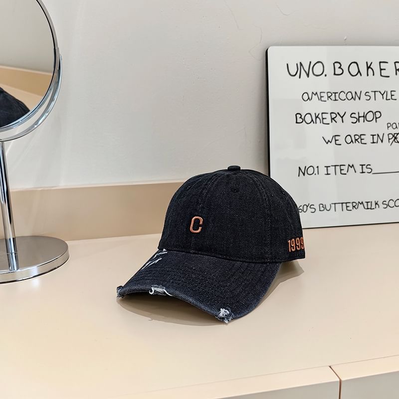 Lettering Baseball Denim Embroidered Distressed Cap
