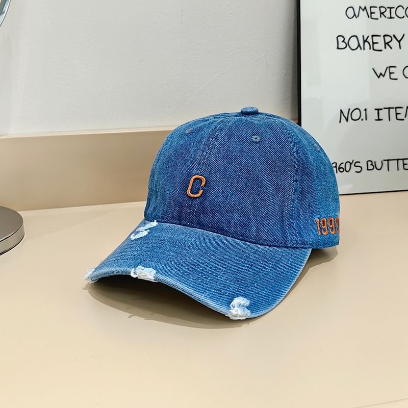 Lettering Baseball Denim Embroidered Distressed Cap