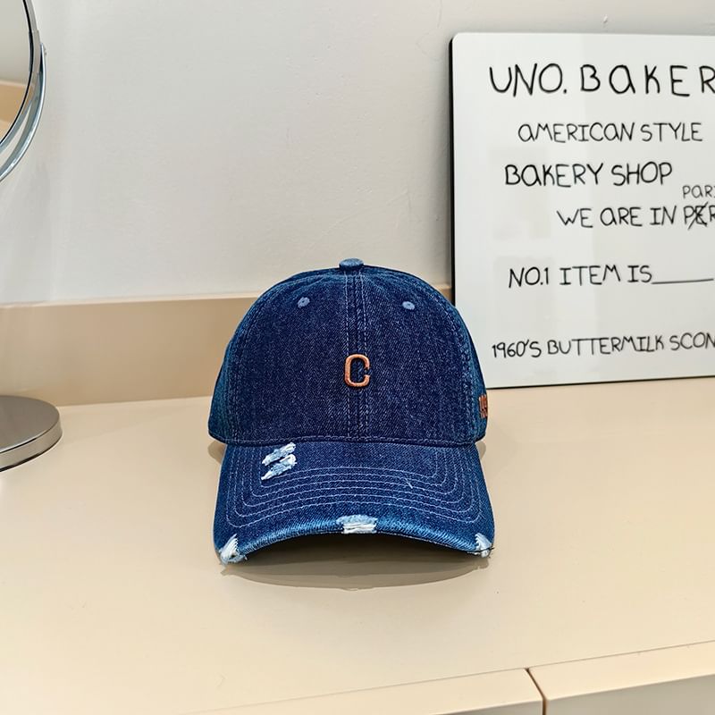Lettering Baseball Denim Embroidered Distressed Cap