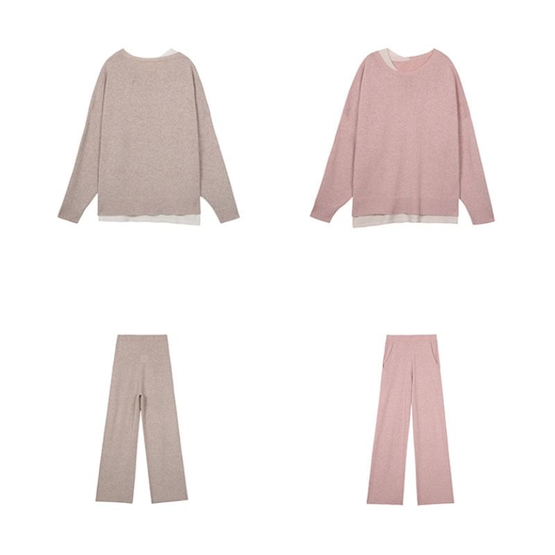Wide T-Shirt Set: Two-Tone Neck Leg Pants Crew Waist Long-Sleeve + High