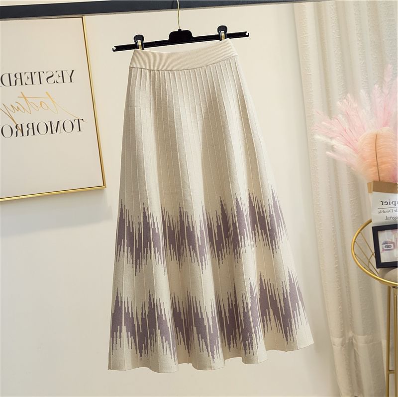 Waist Skirt A-Line Midi High Printed Knit