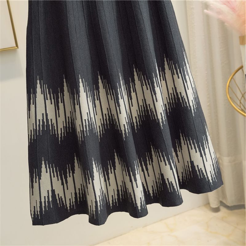 Waist Skirt A-Line Midi High Printed Knit
