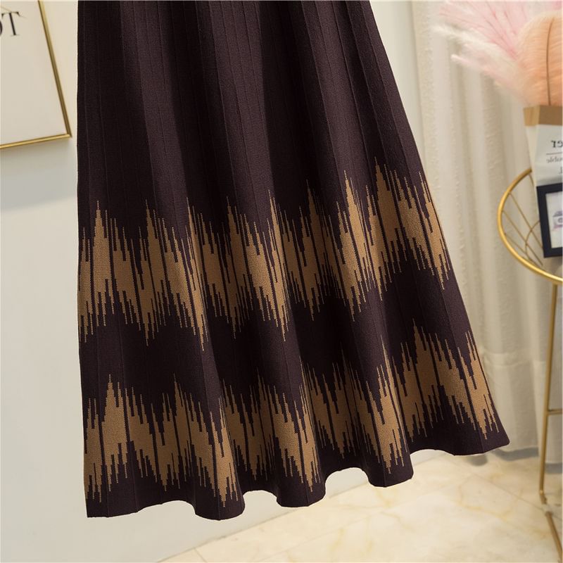 Waist Skirt A-Line Midi High Printed Knit