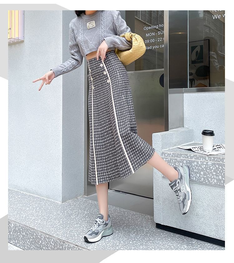 Midi High Skirt Knit A-Line Waist Plaid
