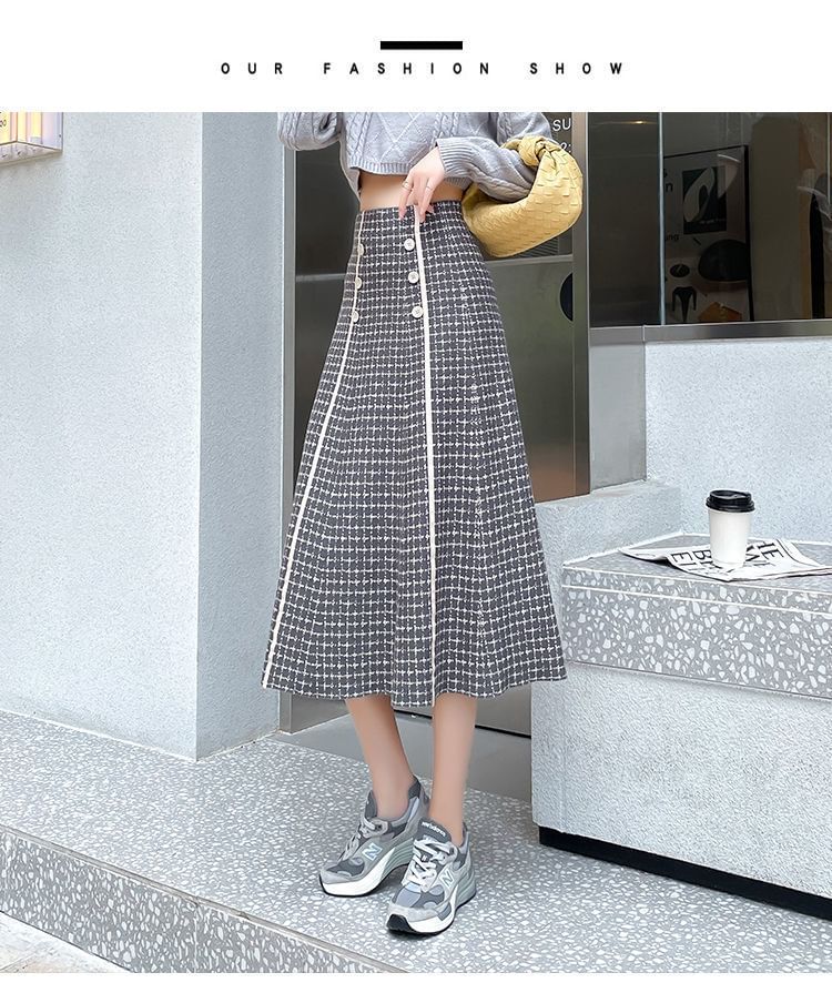 Midi High Skirt Knit A-Line Waist Plaid