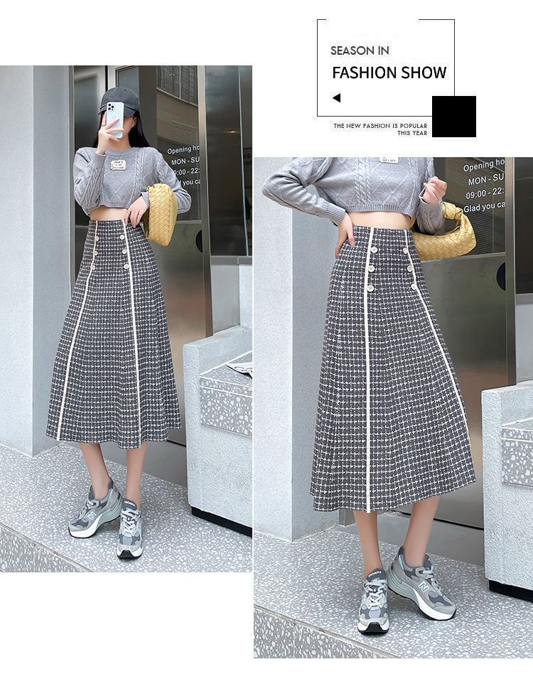 Midi High Skirt Knit A-Line Waist Plaid