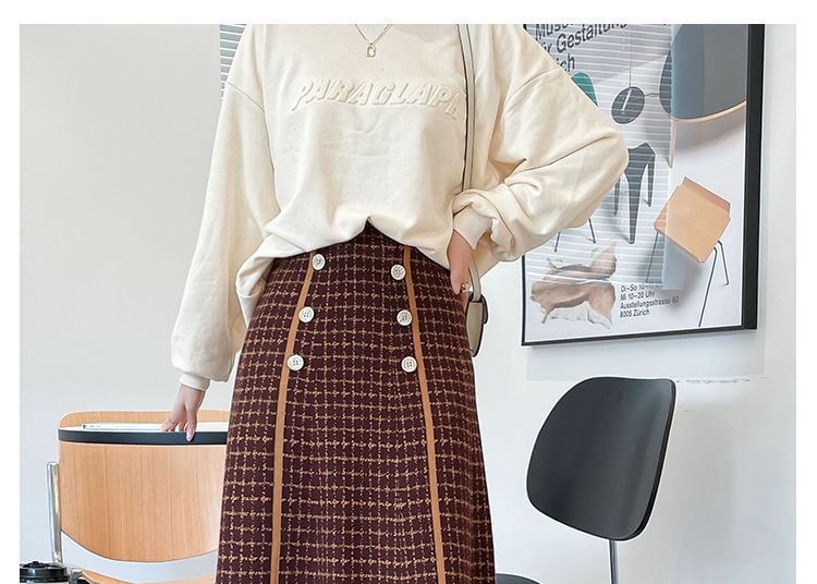 Midi High Skirt Knit A-Line Waist Plaid