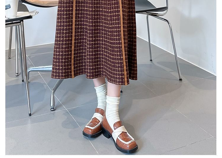 Midi High Skirt Knit A-Line Waist Plaid