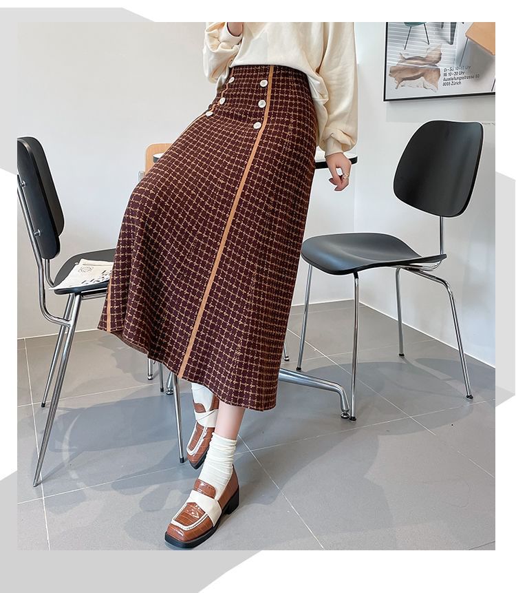 Midi High Skirt Knit A-Line Waist Plaid
