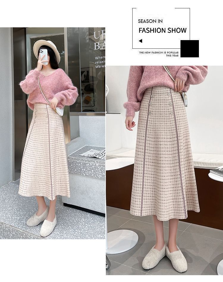 Midi High Skirt Knit A-Line Waist Plaid