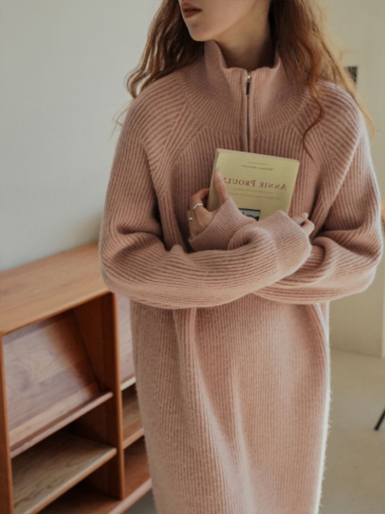Sweater Long-Sleeve Half-Zip Ribbed Plain Dress Midi