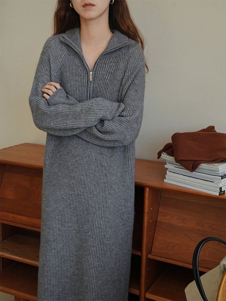 Sweater Long-Sleeve Half-Zip Ribbed Plain Dress Midi