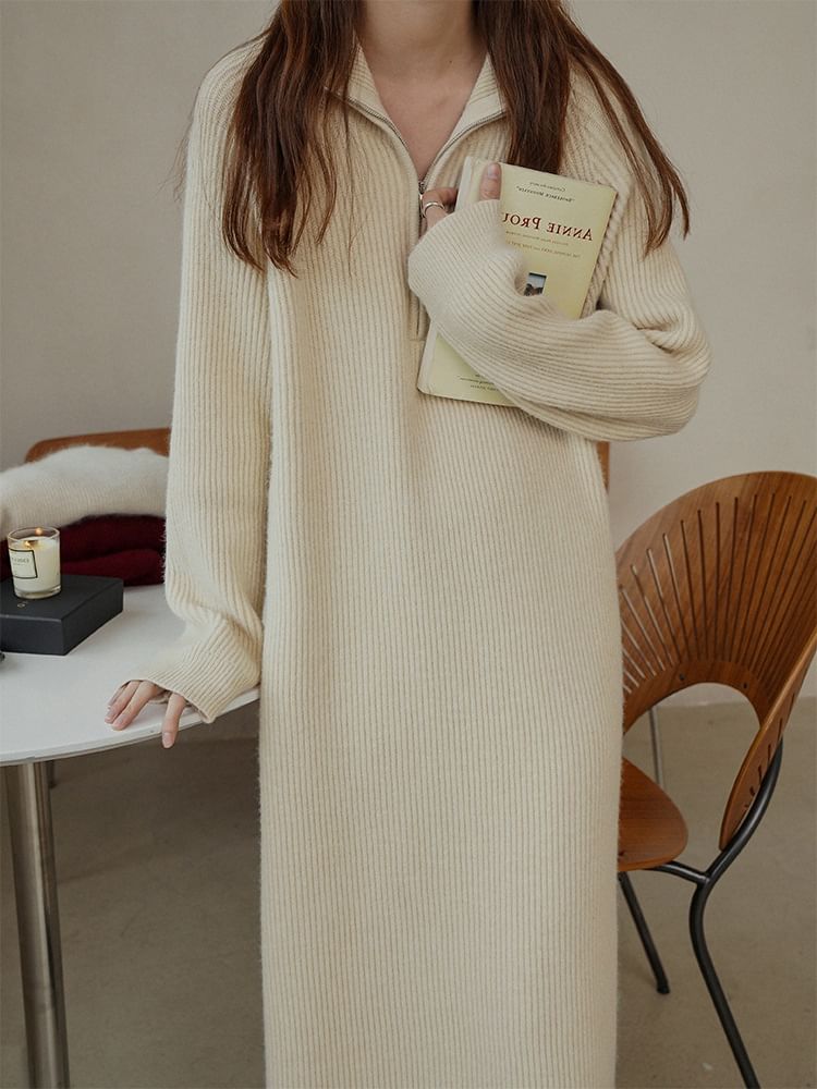 Sweater Long-Sleeve Half-Zip Ribbed Plain Dress Midi