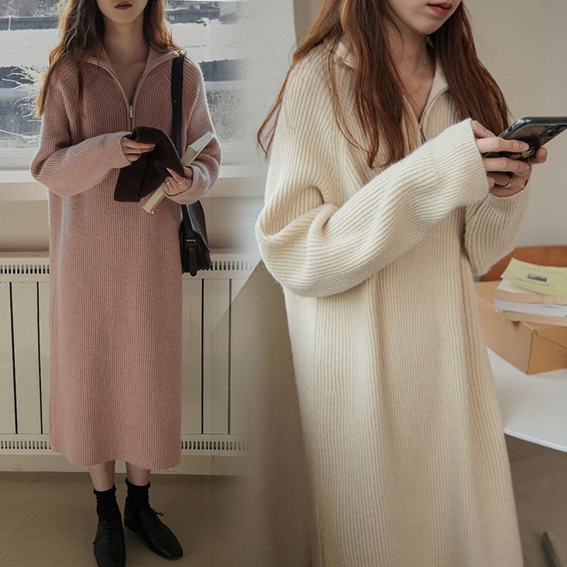 Sweater Long-Sleeve Half-Zip Ribbed Plain Dress Midi