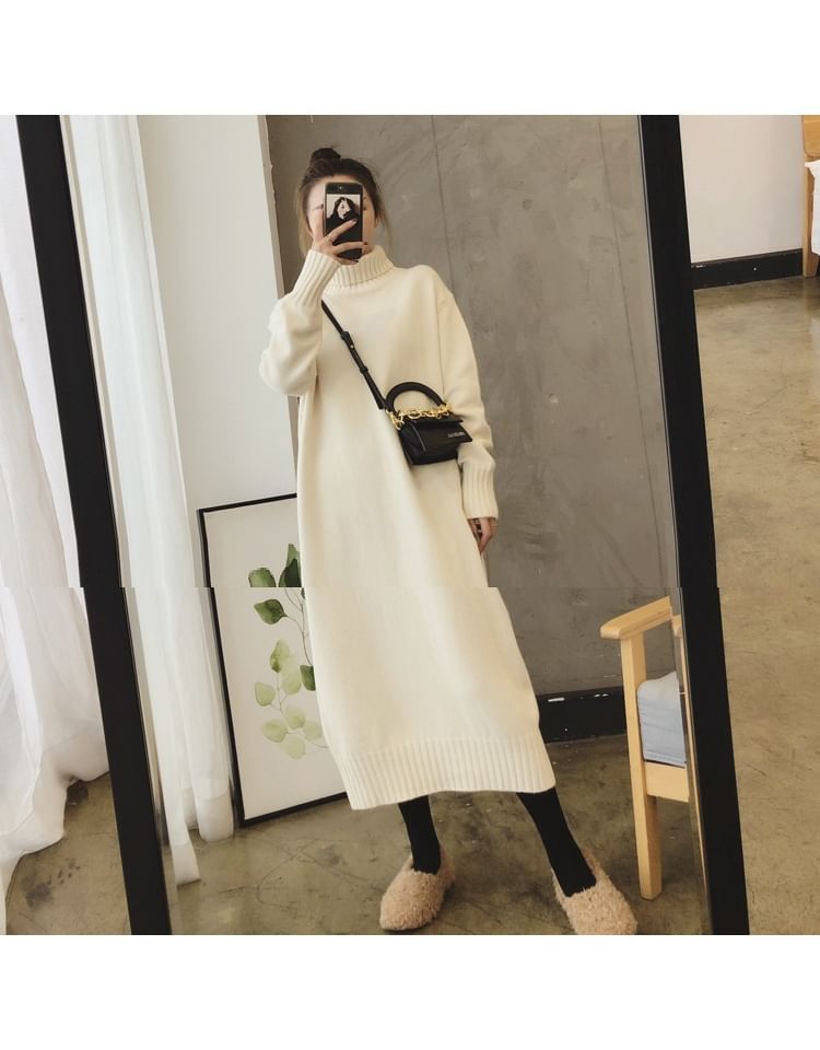 Midi Plain Turtleneck Long-Sleeve Sweater Dress