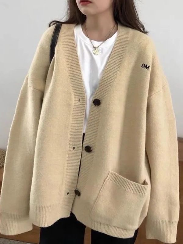 Letter Button-Up Embroidered V-Neck Cardigan