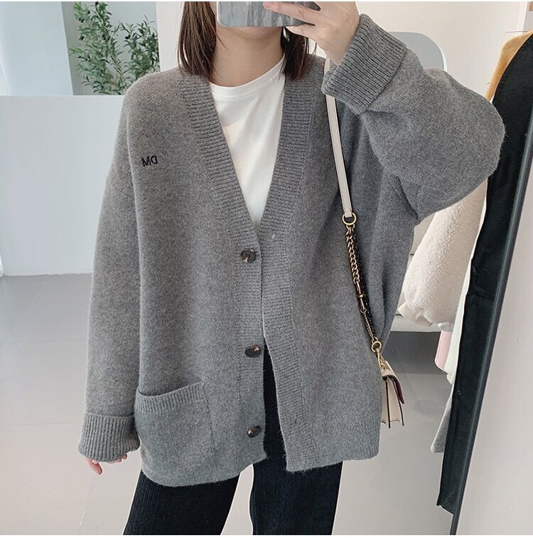 Letter Button-Up Embroidered V-Neck Cardigan