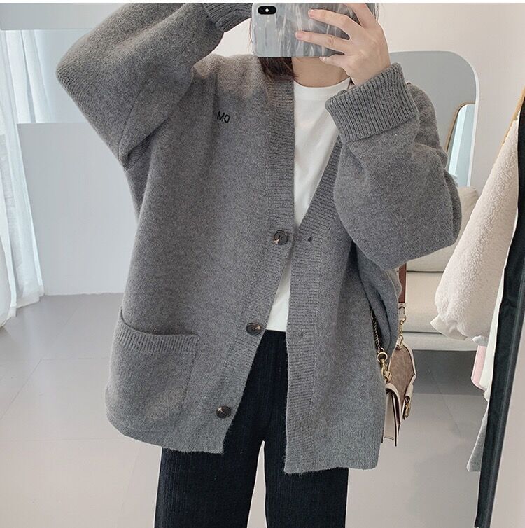 Letter Button-Up Embroidered V-Neck Cardigan