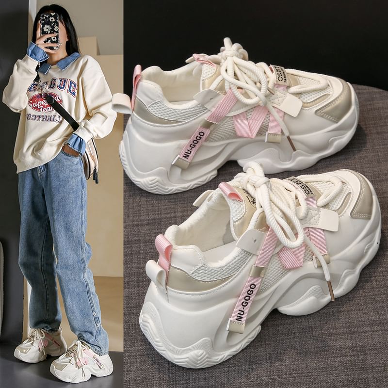 Mesh Platform Lace-Up Panel Sneakers
