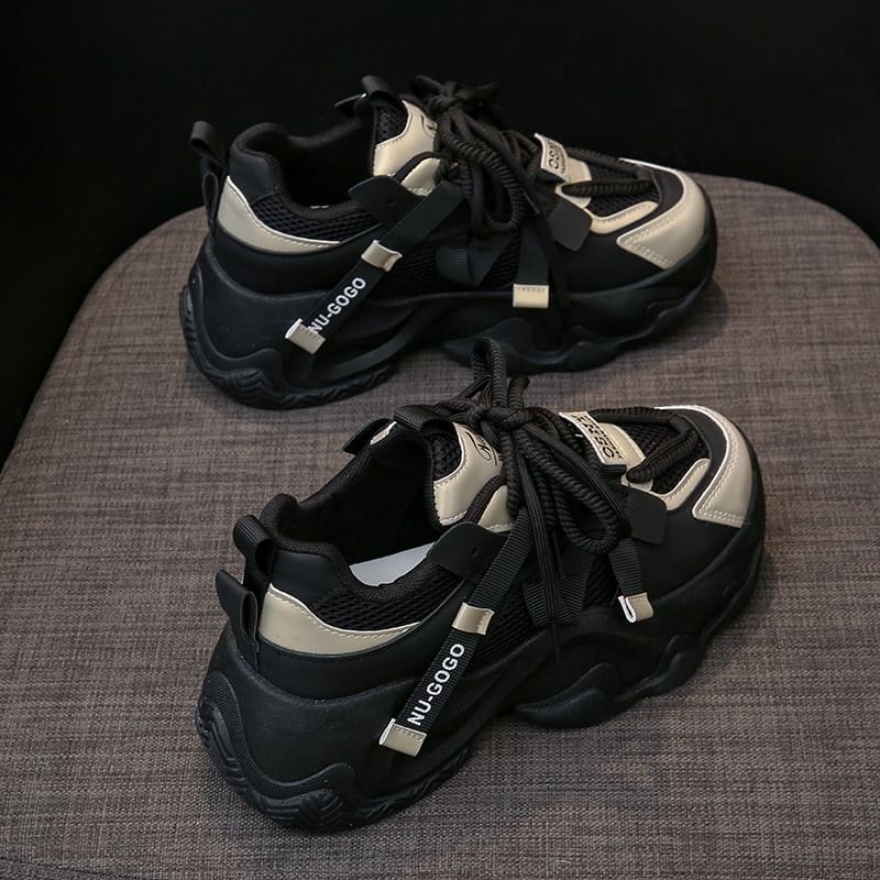 Mesh Platform Lace-Up Panel Sneakers