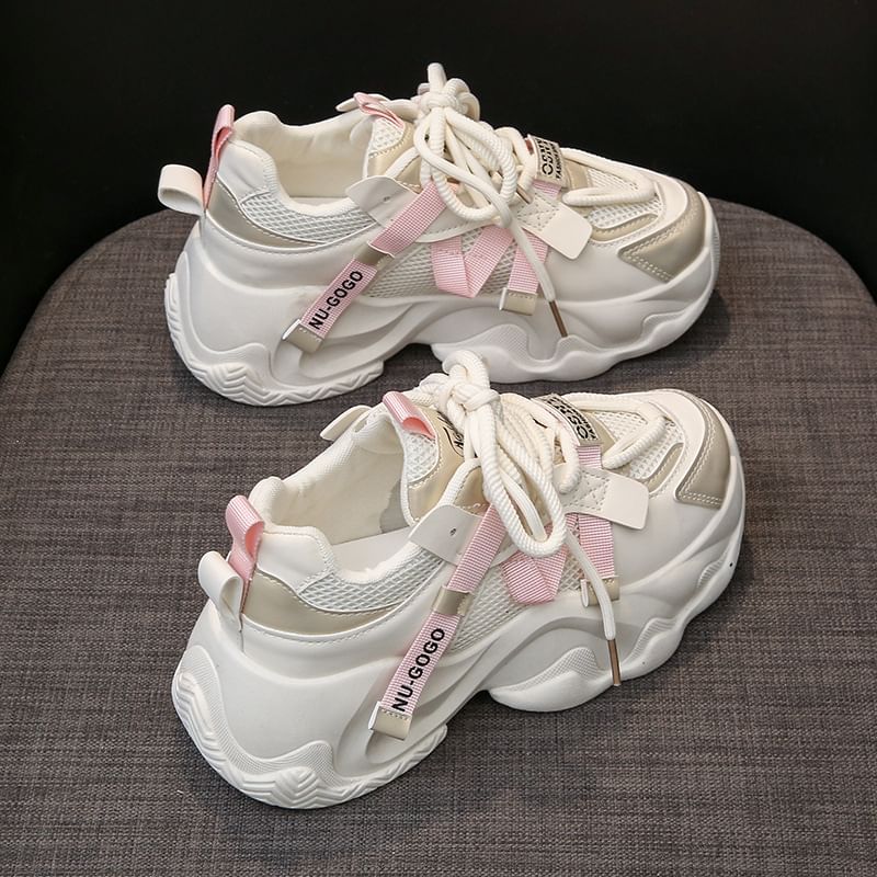 Mesh Platform Lace-Up Panel Sneakers