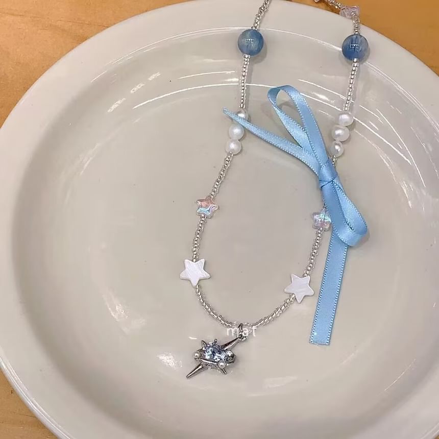 Pendant Rhinestone Necklace Ribbon