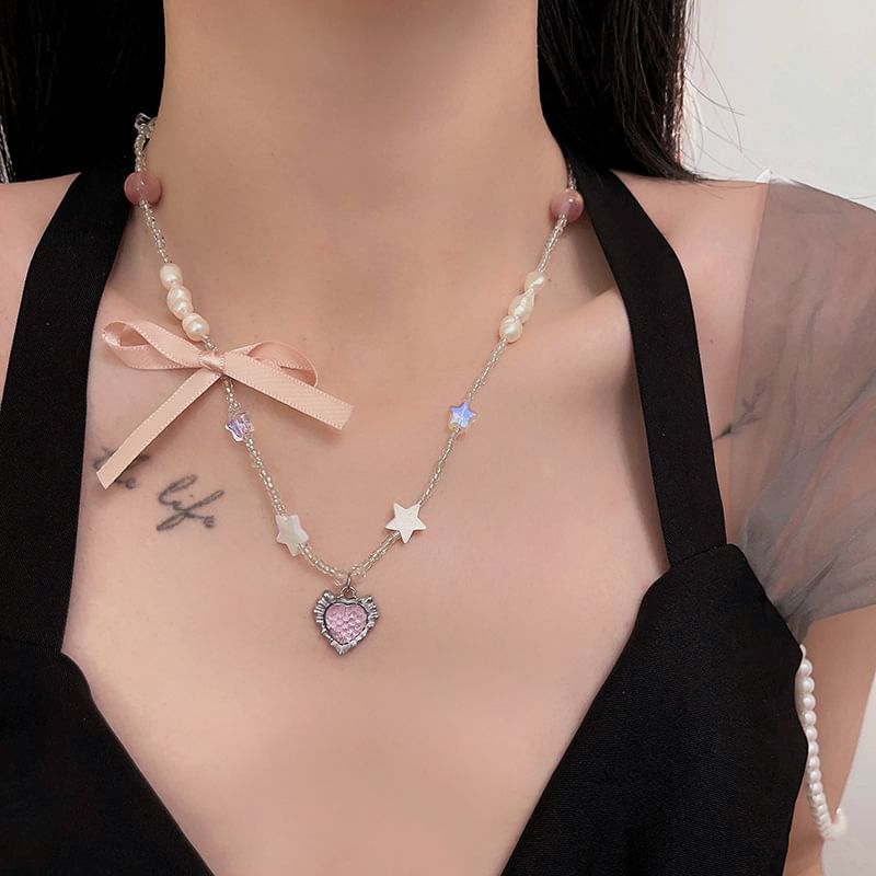 Pendant Rhinestone Necklace Ribbon