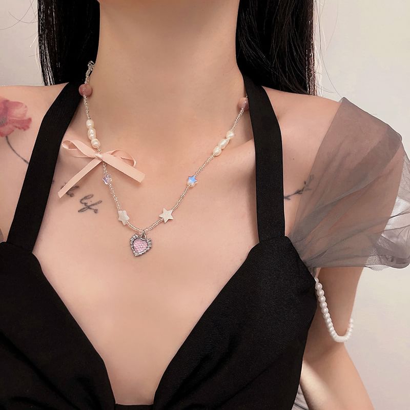 Pendant Rhinestone Necklace Ribbon
