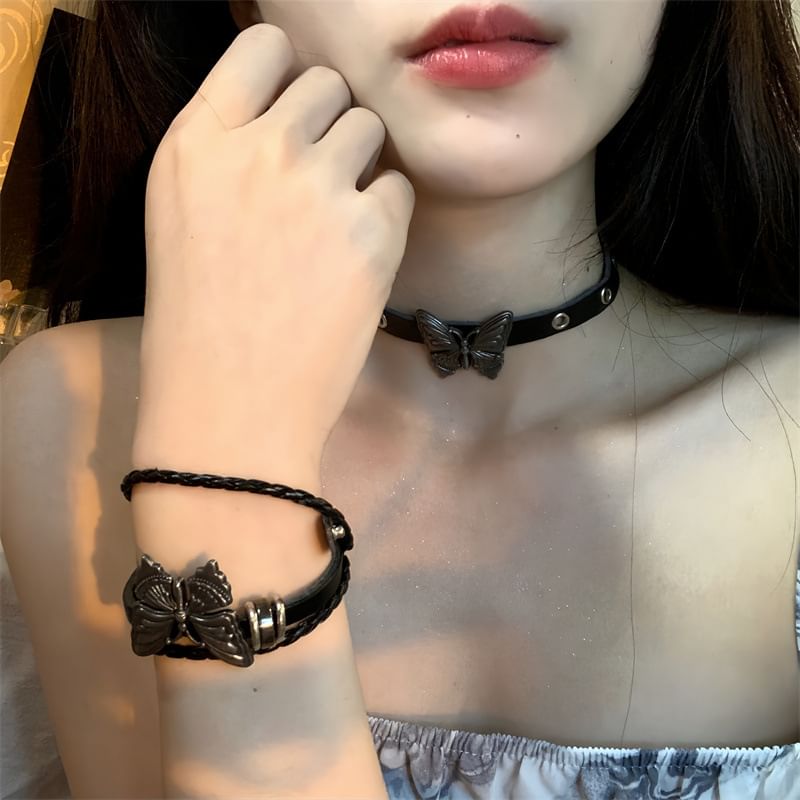 Faux Butterfly Choker Bracelet / Leather