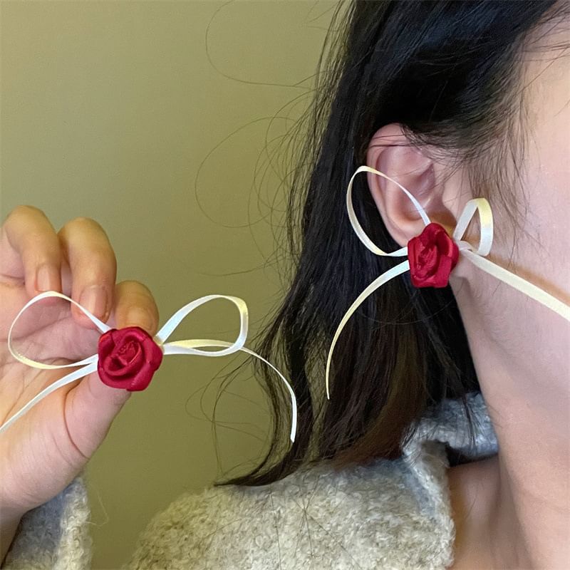 Earring Ribbon Rose Stud