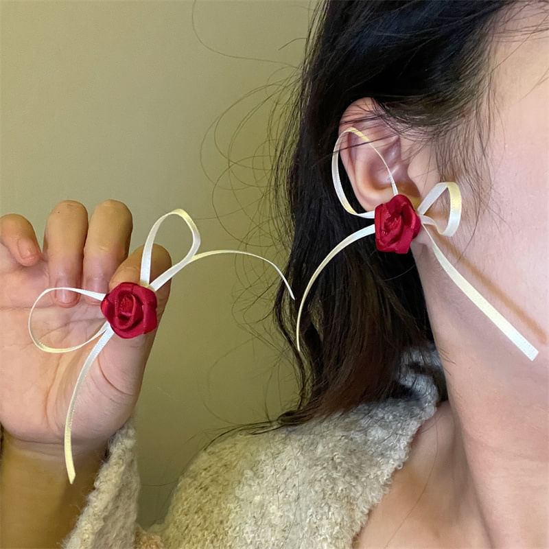 Earring Ribbon Rose Stud