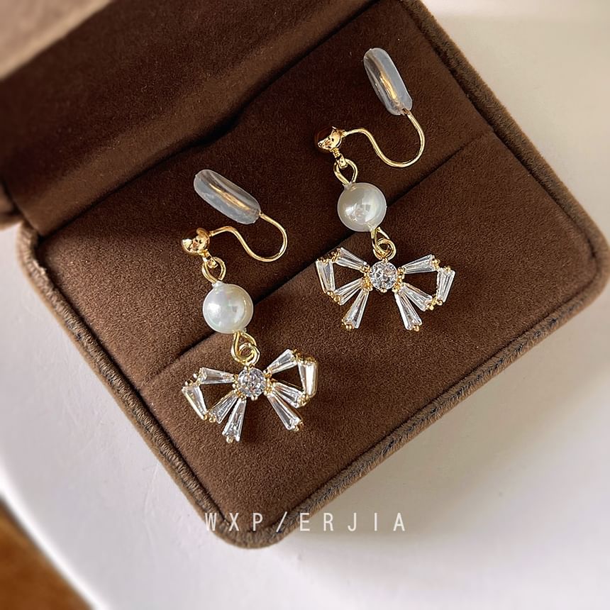 Faux Drop Alloy Pearl Bow Earring Rhinestone