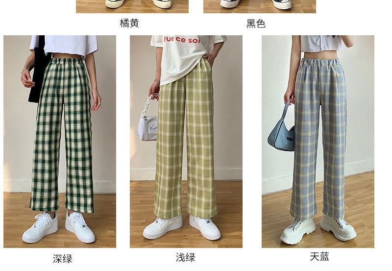 Waist Elastic Wide Plaid Pants Leg