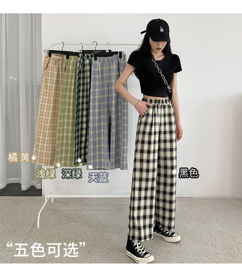 Waist Elastic Wide Plaid Pants Leg