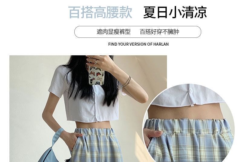 Waist Elastic Wide Plaid Pants Leg