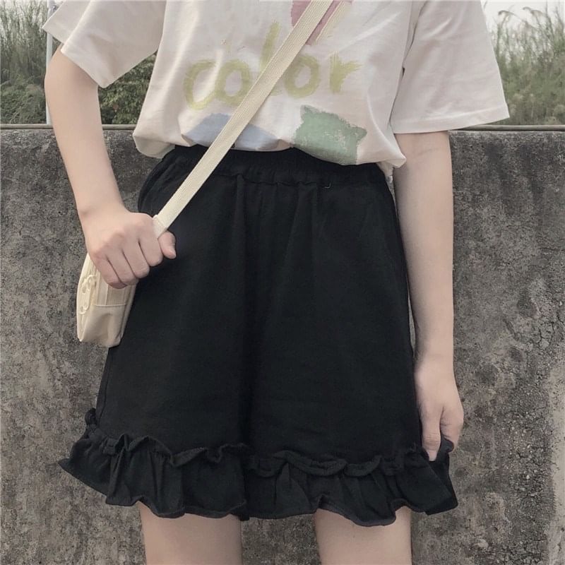 Shorts Plain Ruffle Waist Elastic