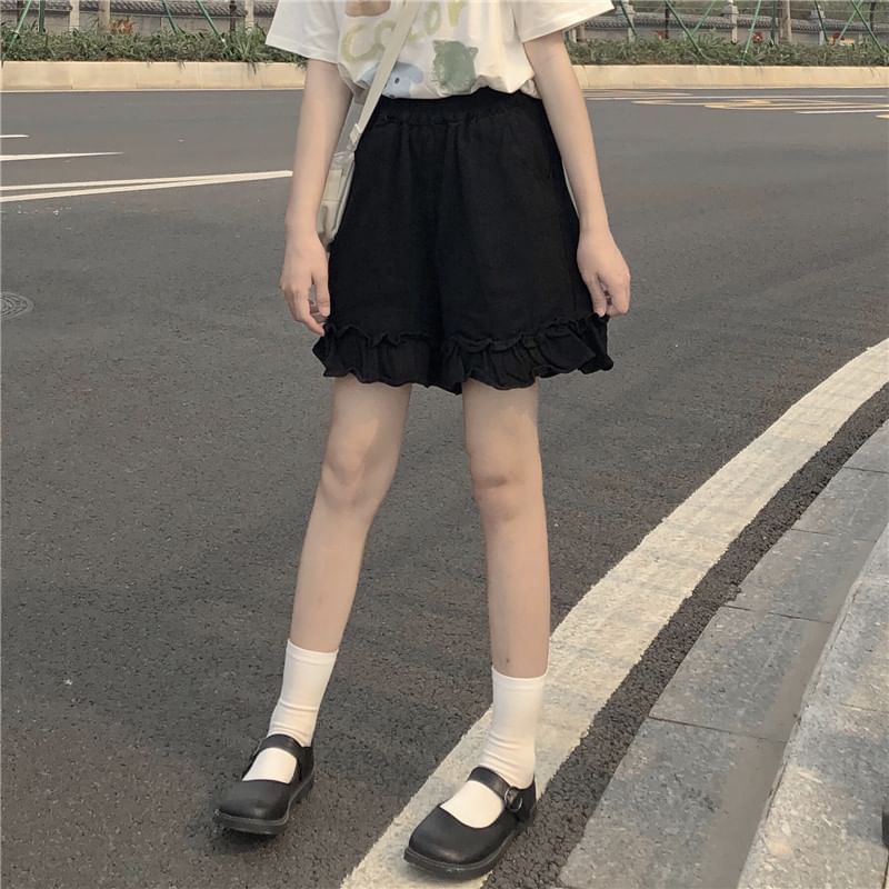 Shorts Plain Ruffle Waist Elastic