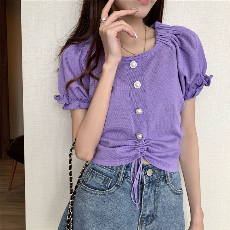 Short-Sleeve Square Faux Button Neck Knit Pearl Plain Drawstring Top