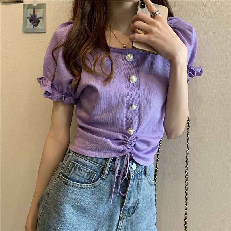 Short-Sleeve Square Faux Button Neck Knit Pearl Plain Drawstring Top