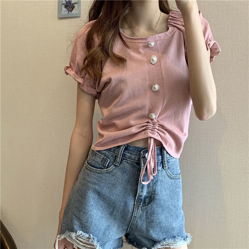 Short-Sleeve Square Faux Button Neck Knit Pearl Plain Drawstring Top