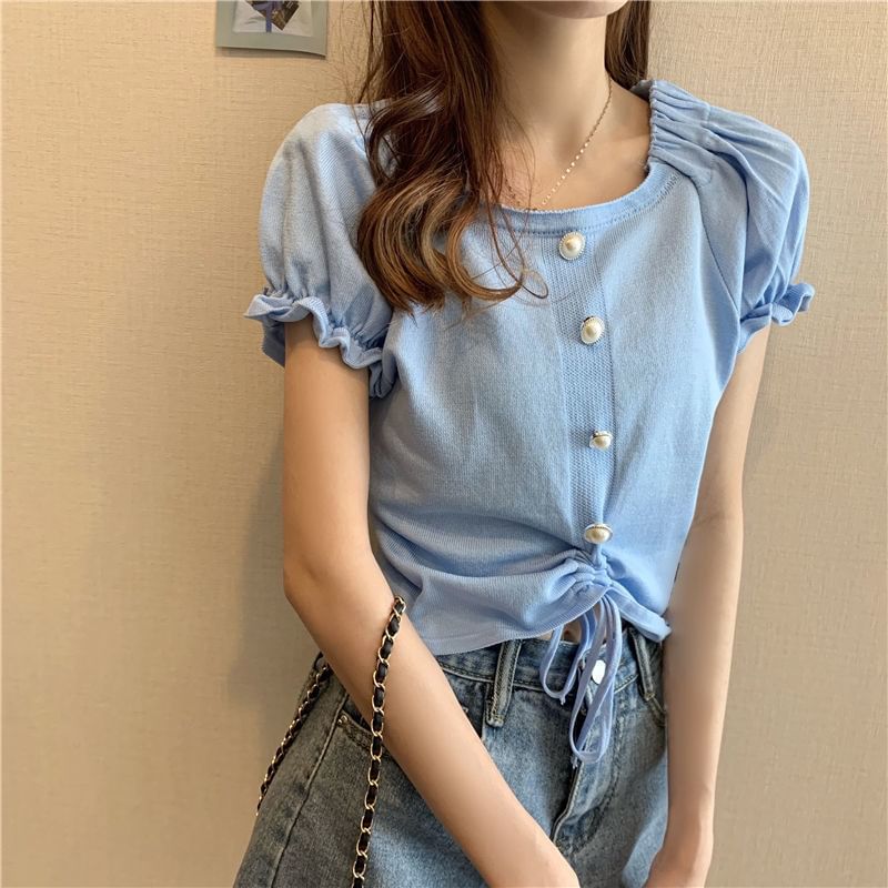 Short-Sleeve Square Faux Button Neck Knit Pearl Plain Drawstring Top