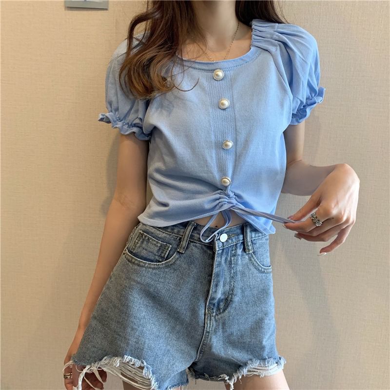 Short-Sleeve Square Faux Button Neck Knit Pearl Plain Drawstring Top