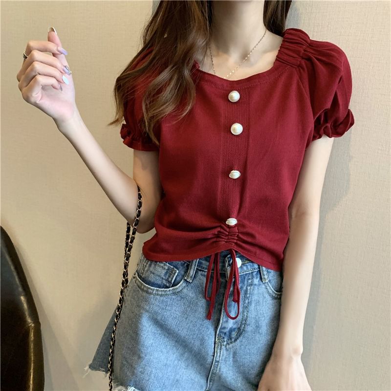 Short-Sleeve Square Faux Button Neck Knit Pearl Plain Drawstring Top