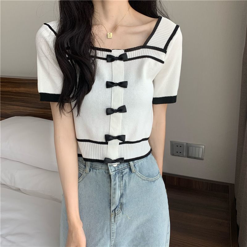 Square Neck Short-Sleeve Top Bow Knit