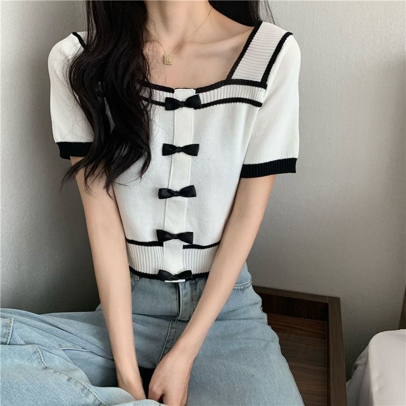 Square Neck Short-Sleeve Top Bow Knit