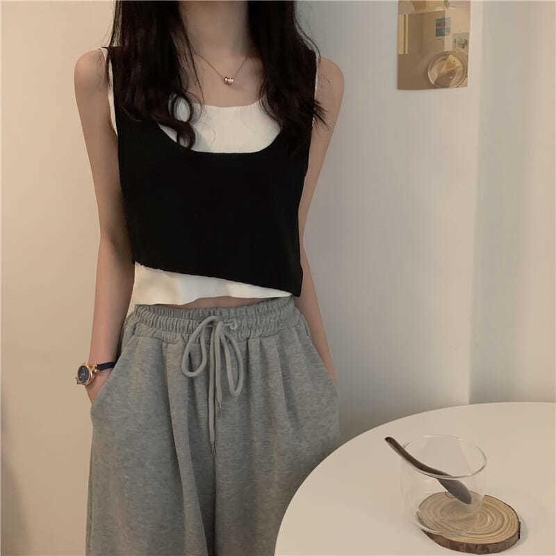 Top Mock Knit Piece Two Neck Scoop Tank