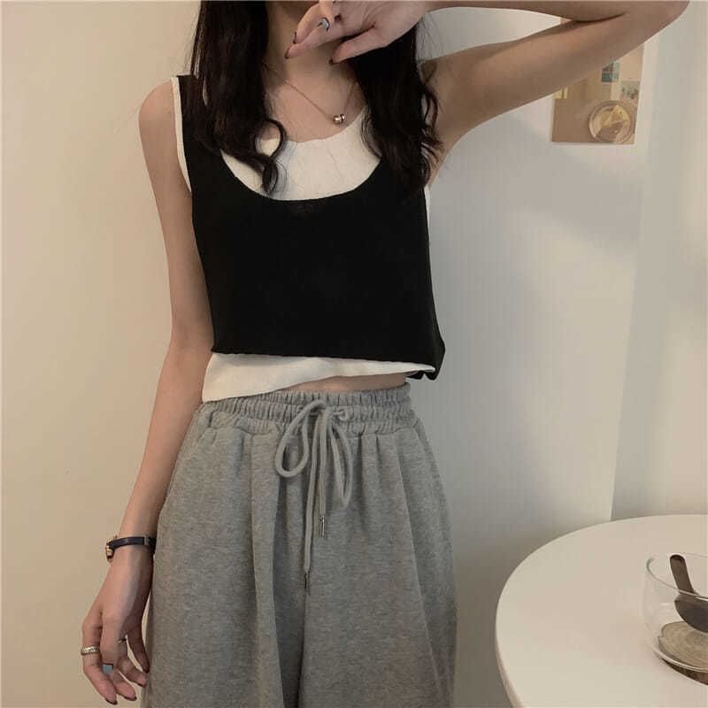 Top Mock Knit Piece Two Neck Scoop Tank