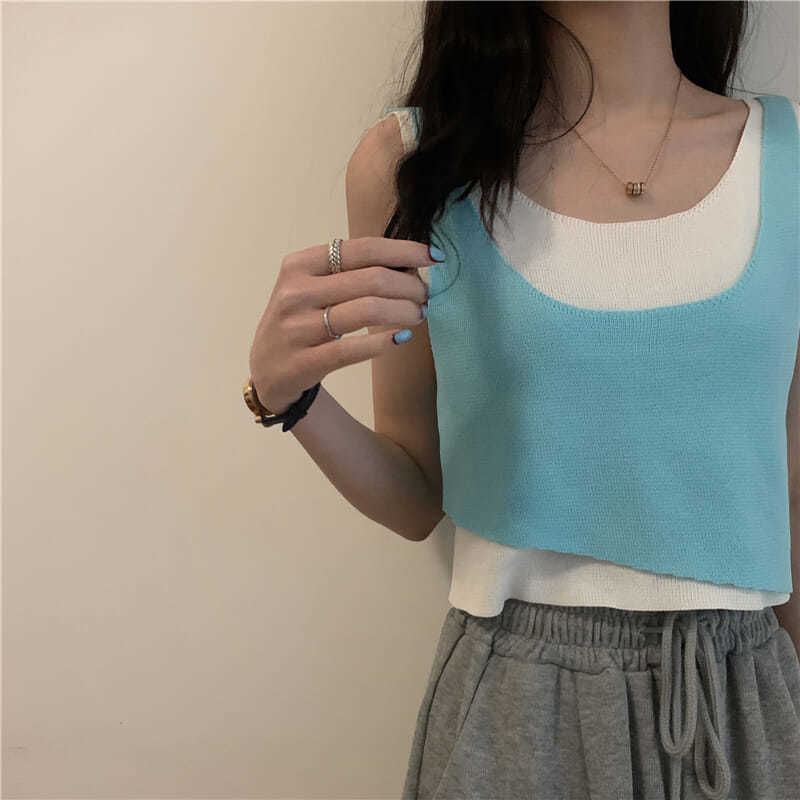 Top Mock Knit Piece Two Neck Scoop Tank